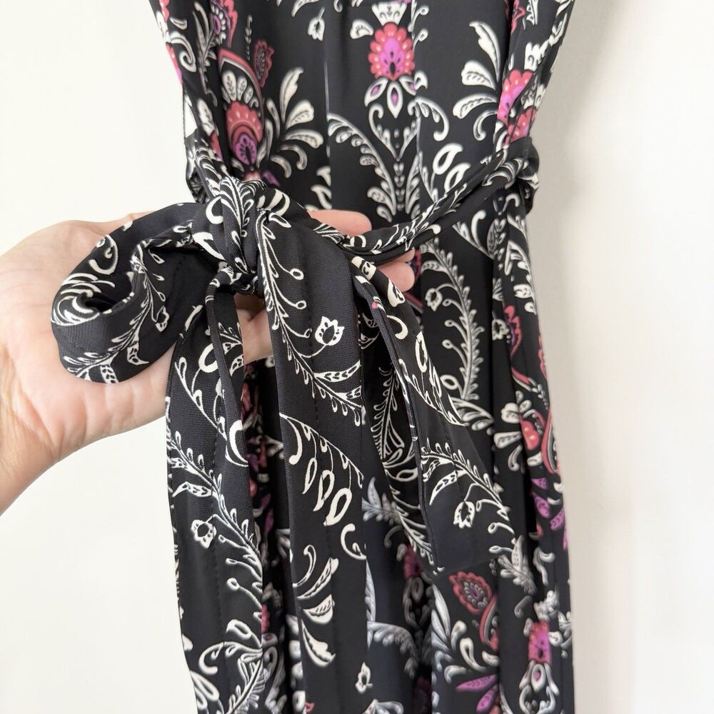 Ann Taylor Floral Knit Belted Shirt Dress Midi Black Pink Paisley Women’s XL - Picture 6 of 13